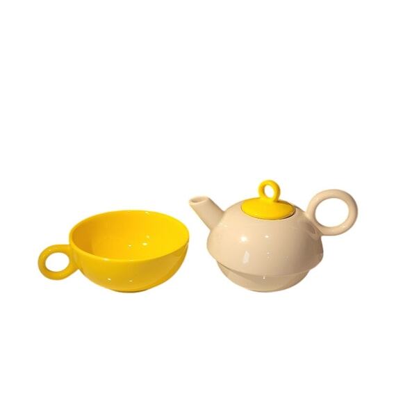 Tea for One Tea Pot with Cup Set Stackable Yellow and Gray Retro Colorful - Picture 2 of 10